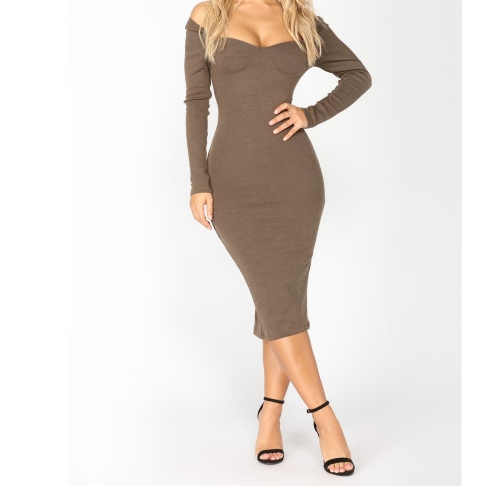 Fashion Nova Olive Green Fitted Bodycon Dress Longsleeve Large
